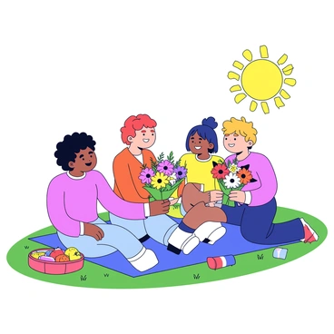 A group of three friends is sitting on a picnic blanket under the bright sun. One friend is handing over a colorful flower bouquet, which consists of various flowers in shades of pink, yellow, and white. The second friend is smiling and holding a bouquet of red and orange flowers. The third friend is looking at the flowers with a cheerful expression. Surrounding them are picnic items such as a basket filled with fruits and a few scattered snacks. The grass is lush and green, adding to the cheerful atmosphere of the birthday picnic.