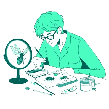 A teal scientist with short hair is focused on a detailed doodle of insects on a white sheet of paper. The paper is positioned directly beneath a large, round magnifying glass that enhances the view of the insects. Various insects, such as an ant, a butterfly, and a ladybug, are intricately illustrated with fine lines and patterns, all appearing larger than life. The scientist is holding a pencil in their right hand, poised to add more details. The background features a white lab table cluttered with small scientific tools and reference books, creating an atmosphere of meticulous research.