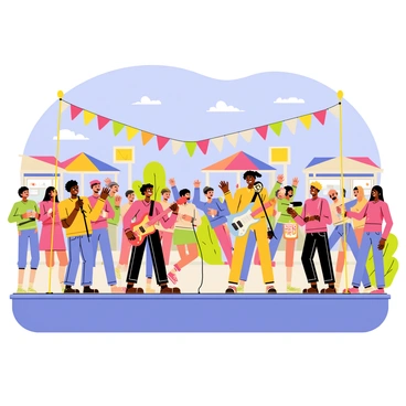 A vibrant outdoor music festival scene is set under a clear blue sky. On stage, a band is performing energetically, with a lead singer holding a microphone and a guitarist strumming a colorful electric guitar. The crowd of diverse individuals is enthusiastically dancing, with some people raising their hands in the air and others swaying to the music. Colorful flags and banners are strung overhead, adding to the festive atmosphere. Food stalls with colorful canopies are visible in the background, while a few people are enjoying refreshments. The scene is filled with excitement and joyful energy.