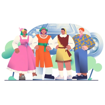 A group of four friends is standing together in a park, each dressed in different historical outfits. The first friend is wearing a Victorian-era dress with a cinched waist and a wide-brimmed hat adorned with flowers. The second friend is dressed in a Renaissance-style tunic and hose, complete with a feathered cap. The third friend is wearing a 1920s flapper dress with fringe and a pearl necklace, while the fourth friend is in a 1970s disco outfit with a colorful patterned shirt and bell-bottom pants. Behind them, a futuristic time machine is visible, featuring metallic surfaces with intricate designs and glowing lights. The scene captures a blend of historical elegance with a touch of science fiction.