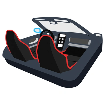 An interior of a sleek sports car featuring two bucket seats made of black leather. The seats are ergonomically shaped with red stitching along the seams. The dashboard showcases a modern design with various digital displays and controls. Carbon fiber details are integrated throughout the interior, including trim around the dashboard and door panels. The steering wheel is sporty with a flat bottom and also has carbon fiber accents. Soft ambient lighting highlights the cabin's features, creating a dynamic atmosphere.