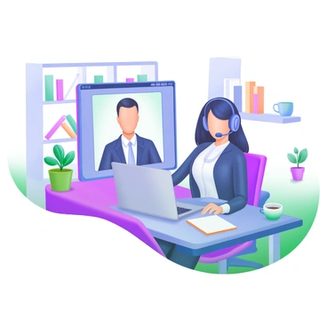 A modern pastel illustration featuring a sales representative sitting at a desk while participating in a Zoom call. The sales representative is wearing a smart-casual outfit and has a headset on. On the screen, the client’s face is visible, engaged in the conversation. The desk has a laptop, a notepad, and a coffee cup on it. A plant in a pot is placed on the side, adding a touch of greenery to the scene. The background includes a bookshelf with various books and decorative items.