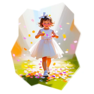 A young flower girl with light brown hair styled in loose curls is wearing a cute white dress adorned with delicate lace and a matching ribbon at the waist. She is joyfully scattering vibrant flower petals of various colors, including pink, yellow, and white, down a lush green aisle. The petals tumble gracefully from her hands, creating a colorful path on the soft grass below. The sunlight casts a warm glow over the scene, highlighting the girl's smile and the fluttering fabric of her dress as she moves eagerly forward.