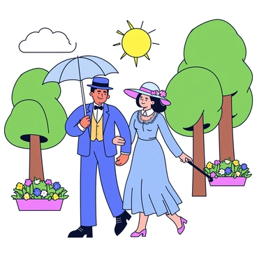 A couple from the Edwardian era is walking through a sunny park. The man is dressed in a formal suit with a waistcoat and a bowler hat. He is holding a stylish cane in one hand. The woman is wearing a long, flowing dress with lace details and an elegant wide-brimmed hat adorned with flowers. She is holding a beautifully patterned parasol that provides shade. Surrounding them are lush green trees and well-kept flower beds with colorful blooms. The sun is shining brightly, casting gentle shadows on the ground.
