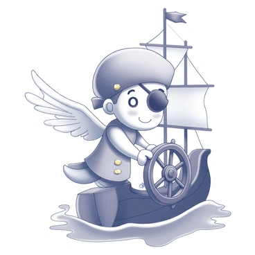 A pirate-themed cupid with a heart-shaped eyepatch steering a ship