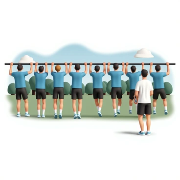 A group of eight athletes, wearing matching blue training shirts and black shorts, are engaged in a pull-up drill. Each athlete is hanging from a horizontal bar, displaying a range of muscular builds. Some have their legs straight while others are bending their knees. The focus is intense on their faces as they concentrate on completing their pull-ups. In the background, a bright training camp setting features green grass and a clear blue sky, along with a few trees providing shade. A coach stands nearby, holding a stopwatch and offering encouragement to the team.