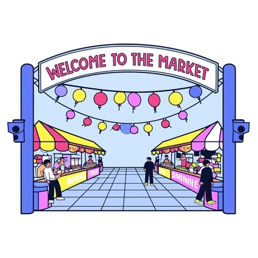 A vibrant entrance to a night market featuring colorful decorations in various shapes and sizes hanging from the overhead structure. On either side of the entrance, there are welcoming signs that read "Welcome to the Night Market" in bold letters. The ground is paved with cobblestones, and strings of lights create a warm glow above, illuminating the path. Vendors' stalls are peeking from either side, showcasing an array of goods and foods.