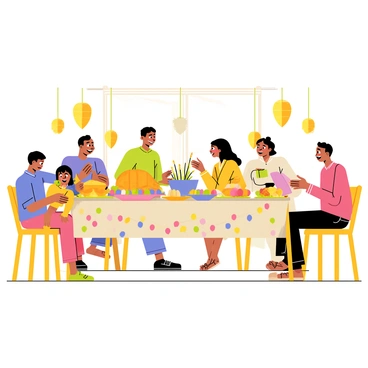 A family gathered around a large wooden table, adorned with a vibrant tablecloth decorated with colorful flowers. There are several plates filled with traditional Easter dishes, including a golden roast lamb, a vibrant green salad, and a bowl of bright dyed eggs in various colors. Each family member is engaged in conversation, exchanging smiles and laughter. A young child at one end of the table is animatedly telling a story, while an adult listens attentively. The room is filled with festive decorations, including paper lanterns and a centerpiece of fresh spring flowers. The atmosphere is warm and inviting, capturing the essence of a joyful Easter celebration.