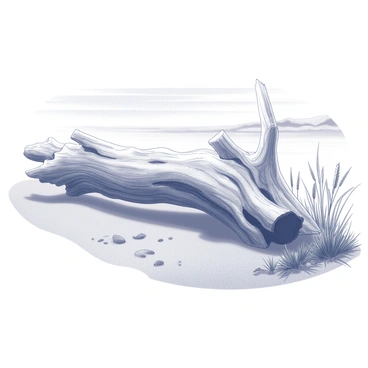 Weathered driftwood with intricate textures lying on a sandy beach