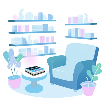 A cozy sitting corner in a store features a comfortable armchair with soft cushions and a small side table. A stack of badminton magazines rests on the table, showcasing vibrant covers. Surrounding the area are shelves filled with sports equipment and books. A warm, ambient light illuminates the corner, creating a welcoming atmosphere. A small indoor plant adds a touch of greenery nearby.