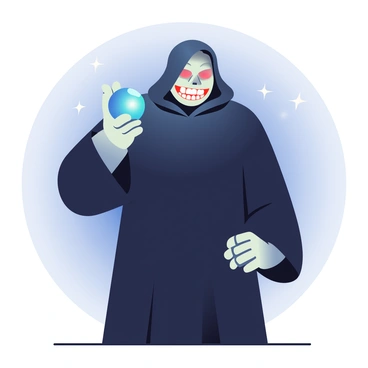 A shadowy villain with pale skin and dark, flowing robes stands in a dimly lit environment. The character has a menacing grin, showcasing sharp teeth, and their eyes glow a faint red. In their right hand, they hold a mysterious glowing orb that emits a bright blue light, casting eerie shadows on their face and the surrounding area. The villain's left hand is raised slightly, fingers curled as if ready to unleash their power. The background is obscured, adding to the sense of intrigue and danger.