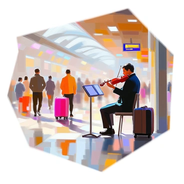 A musician with dark hair and wearing a black coat is playing a violin in a bustling railway station corridor. The corridor is filled with travelers hurrying by, some carrying rolling suitcases and others looking at their phones. The musician is focused on his performance, with his eyes closed and brow furrowed in concentration. Sunlight streams through large windows, casting light on the polished wooden floor. A few people pause to listen, while others walk past, indifferent to the music. The station has high ceilings and ornate architectural details, creating a vibrant atmosphere around the musician.
