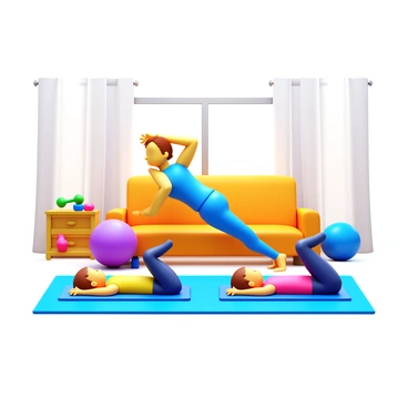 A family exercising together in a living room. One parent is on a yoga mat, performing bicycle crunches with their legs elevated and arms behind their head. Two children are lying on mats beside the parent, mimicking the bicycle crunch motion with their legs bent and arms extended. The room is bright and filled with exercise equipment like dumbbells and a stability ball. The atmosphere is lively, showcasing the family's engagement in fitness activities.