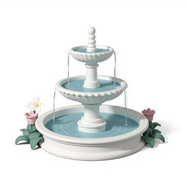 A water fountain, featuring three tiers with the top tier being half-filled with clear water, and the bottom two tiers fully filled to the brim. The fountain has an elegant design, with ornate carvings on its surface. Water gently cascades from the top tier into the middle tier, where it swirls and splashes before flowing into the bottom tier. Surrounding the fountain are lush green plants and colorful flowers, enhancing the visual appeal of this serene setting.