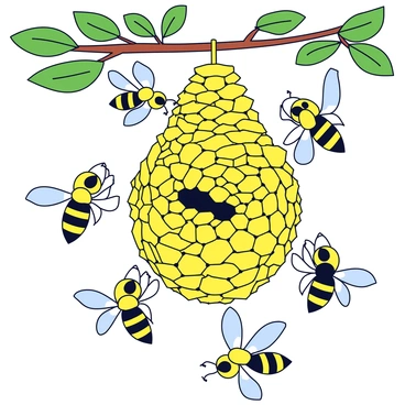 A large, intricate hornet nest hangs from a tree branch. The nest is made of a honeycomb structure with layers and chambers clearly visible. Around the nest, multiple worker hornets are seen flying in and out, their bodies sleek and elongated. Some workers are carrying small pieces of paper to the nest, while others are interacting with each other in a flurry of activity. The scene depicts a vibrant, bustling environment with green leaves surrounding the nest, emphasizing the industrious nature of the colony.