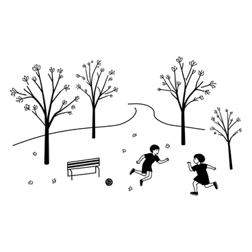 A park scene with trees that have shed their leaves, leaving bare branches. The ground is covered in fallen leaves of various shapes, showing signs of recent changes. Children are playing, one child is running while another is playing with a ball. A nearby bench is empty, and a path winds through the park in the background.