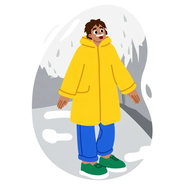 A person is sneezing while standing in the rain, their face showing a moment of surprise. Raindrops are splashing around them, creating small ripples on the ground. The person is wearing a bright yellow raincoat, which contrasts with the gray sky. Their hair is slightly damp, and droplets of water cling to the edges of the raincoat. The surrounding environment features puddles on the pavement and blurred outlines of trees in the background. The sneezing action is captured with a visible puff of air.