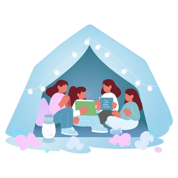 A group of children is sitting inside a cozy blanket fort made of colorful blankets and pillows. The fort is dimly lit, and a string of fairy lights is draped around the entrance. One child is holding a book titled "Boxing Day Stories" while the others are listening attentively. The scene is filled with a warm ambiance, and there are soft toys scattered around the floor. A small lantern is placed beside them, casting a gentle glow on their surroundings.