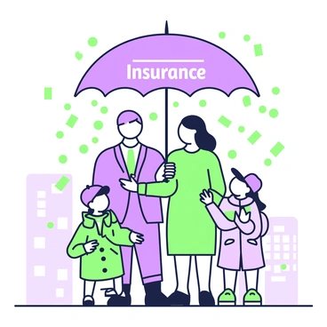 A family is standing together under a large umbrella that has the word "Insurance" prominently displayed on it. The umbrella is held above them, protecting them from falling bills and coins that are cascading down like rain. The family consists of four members: a father with short hair, wearing a suit; a mother with long hair, dressed in a casual dress; a boy with a baseball cap holding onto the umbrella; and a girl in a raincoat looking up in awe. The surrounding environment shows a cityscape with buildings in the background, all while the money continues to fall around them.