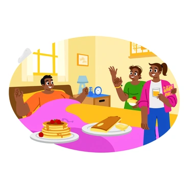 A cozy bedroom scene featuring two children gently carrying a breakfast tray filled with an assortment of food. The tray includes fluffy pancakes stacked high, drizzled with syrup, fresh strawberries, and a glass of orange juice. The dad, lying in bed, has a surprised and joyful expression on his face. Sunlight streams through the window, highlighting the soft, warm colors of the bedding. The children are smiling and looking excited, with one child holding a small card that says "Happy Father's Day" in bright letters. The walls are adorned with family photos, and a clock on the nightstand shows it’s morning.