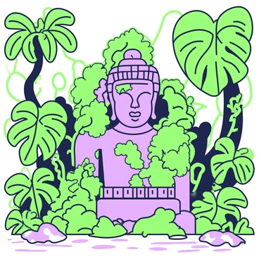 An ancient stone statue is positioned amidst dense foliage in the jungle on the island. The statue depicts a figure with intricate carvings and features, partially obscured by vibrant green moss that clings to its surface. Surrounding the statue, thick vines and large tropical leaves create a natural frame, while dappled sunlight filters through the canopy above, casting soft shadows on the ground. A sense of mystery emanates from the scene, highlighting the statue's age and connection to the lush environment.