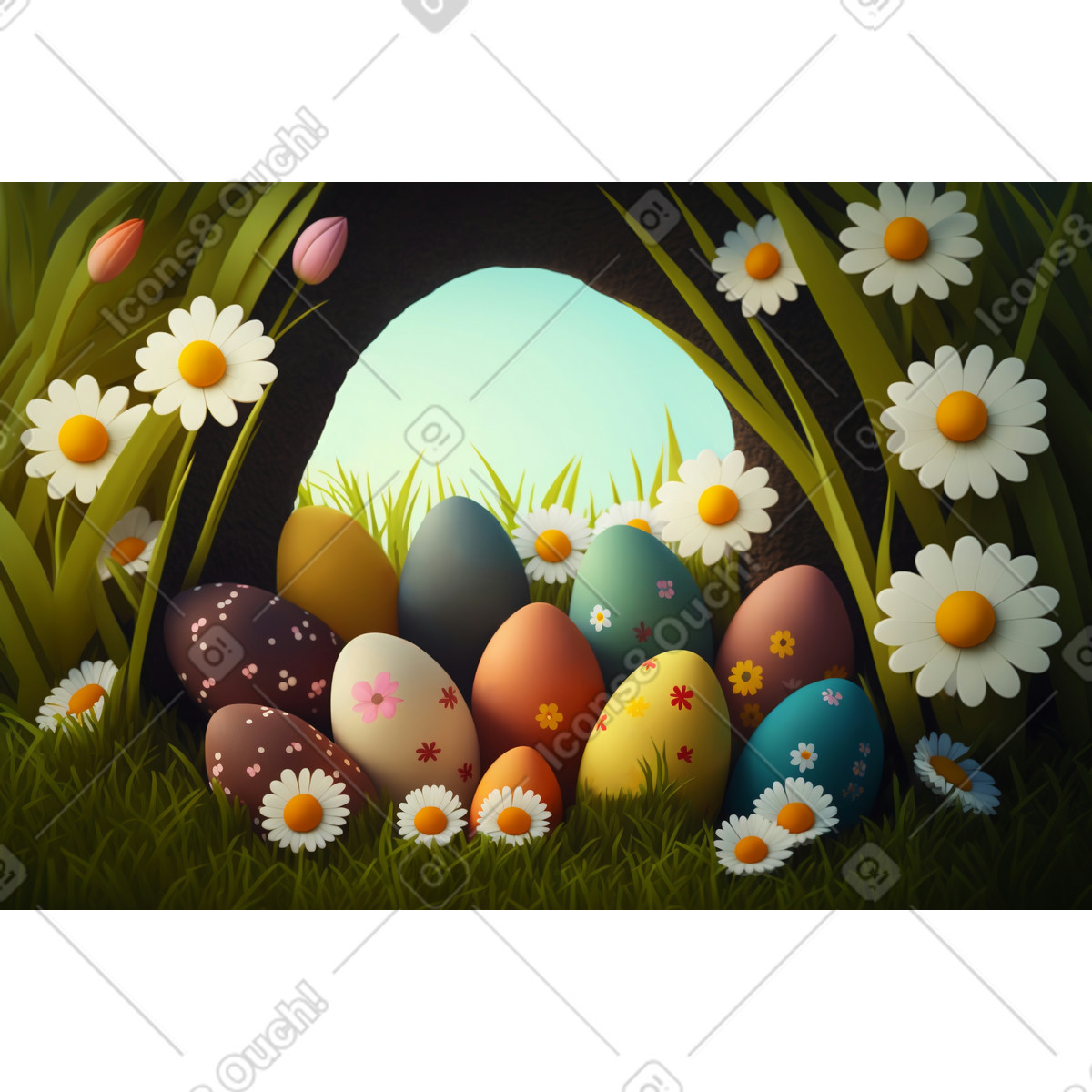 Composizione 3d con fiori e uova di pasqua illustrazione in stile Experimental scarica in PNG, SVG