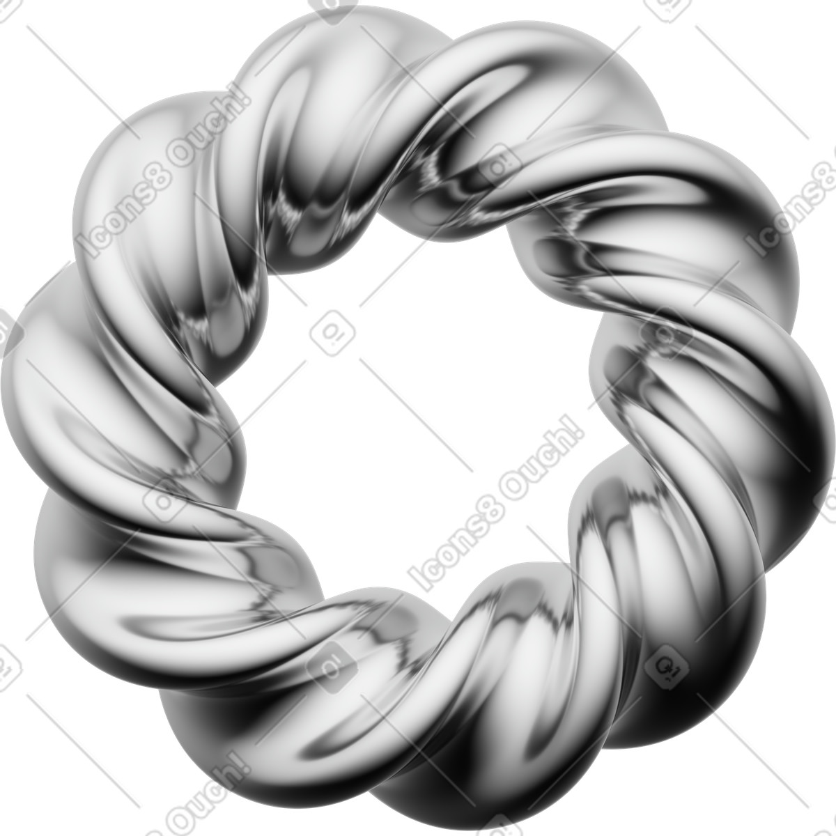 Silver twisted ring, metallic rope torus, abstract chrome circle illustration in 3D Playful style download in PNG, SVG
