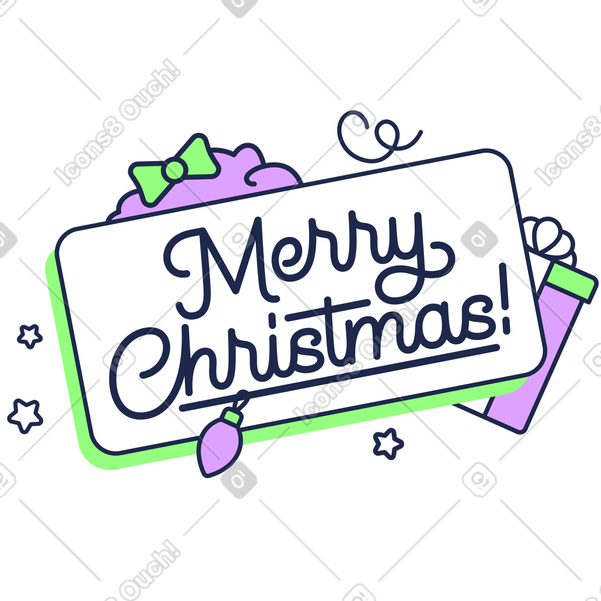Merry Christmas message with gift box, Winter holiday greeting illustration in Outline style download in PNG, SVG
