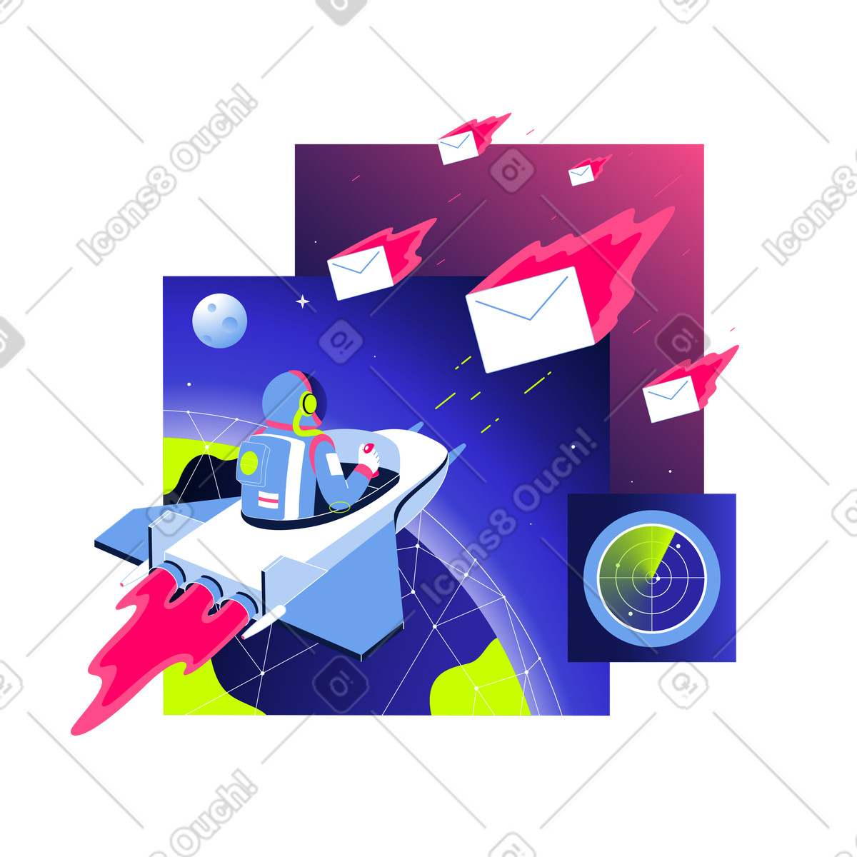 L'astronauta nell'aereo spaziale spara ai messaggi volanti illustrazione in stile Space scarica in PNG, SVG