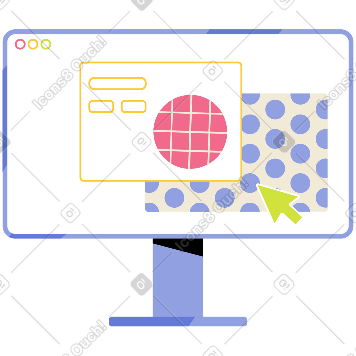 Monitor mit cursor und fenstern animierte Illustration im Juicy-Stil als Download in GIF, Lottie (JSON), AE