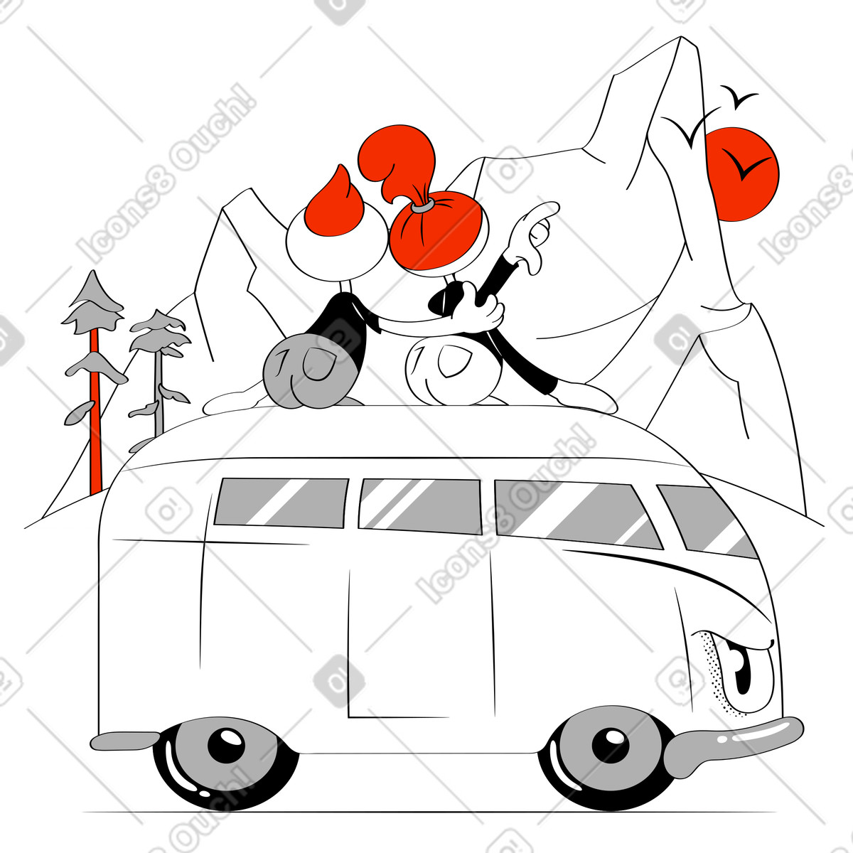 Ilustração de Homem e mulher olhando montanhas em cima uma van no estilo Looney para baixar PNG, SVG