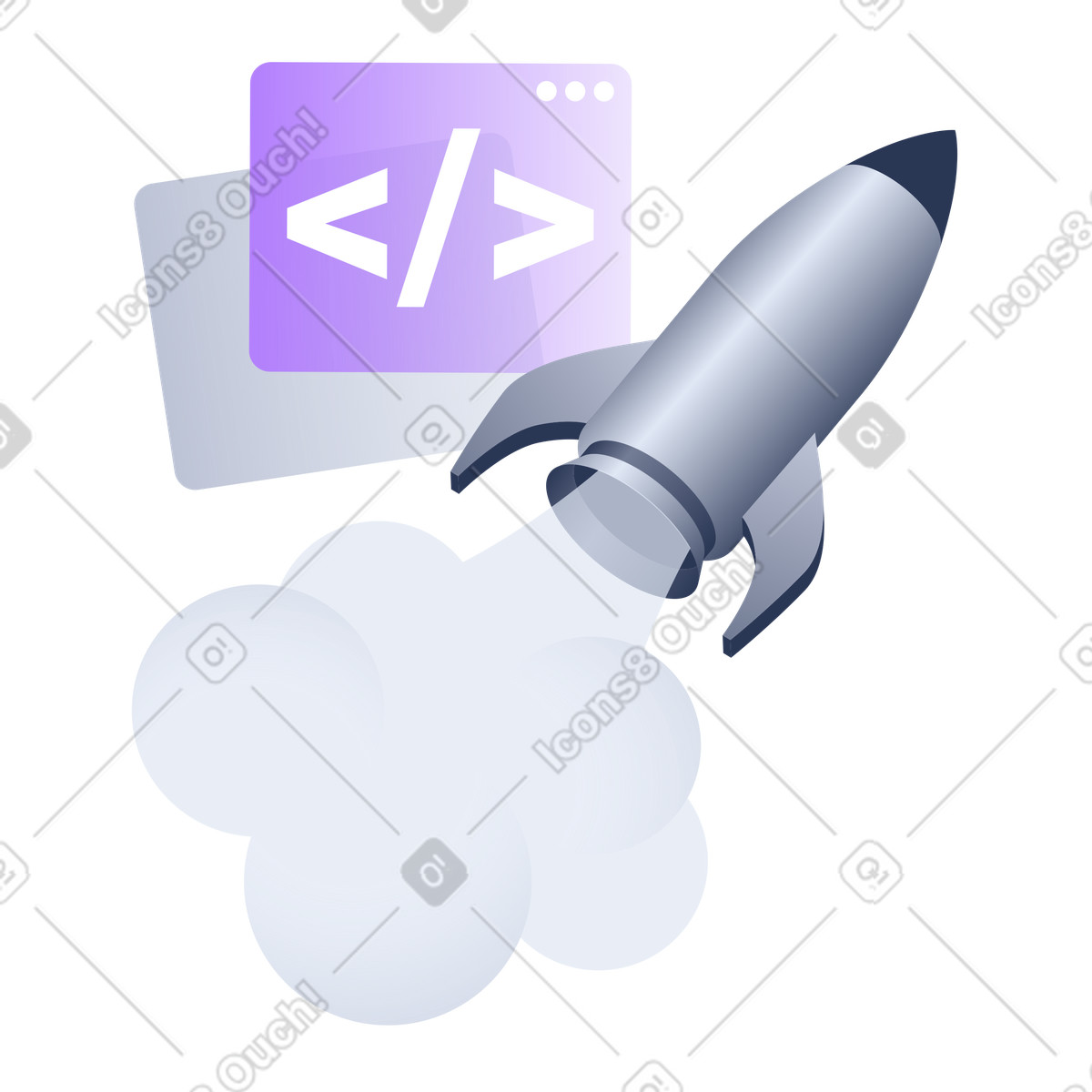 Rocket launching with code window, Application Deployment Launch, Agile Product Launch illustration in Lucent style download in PNG, SVG