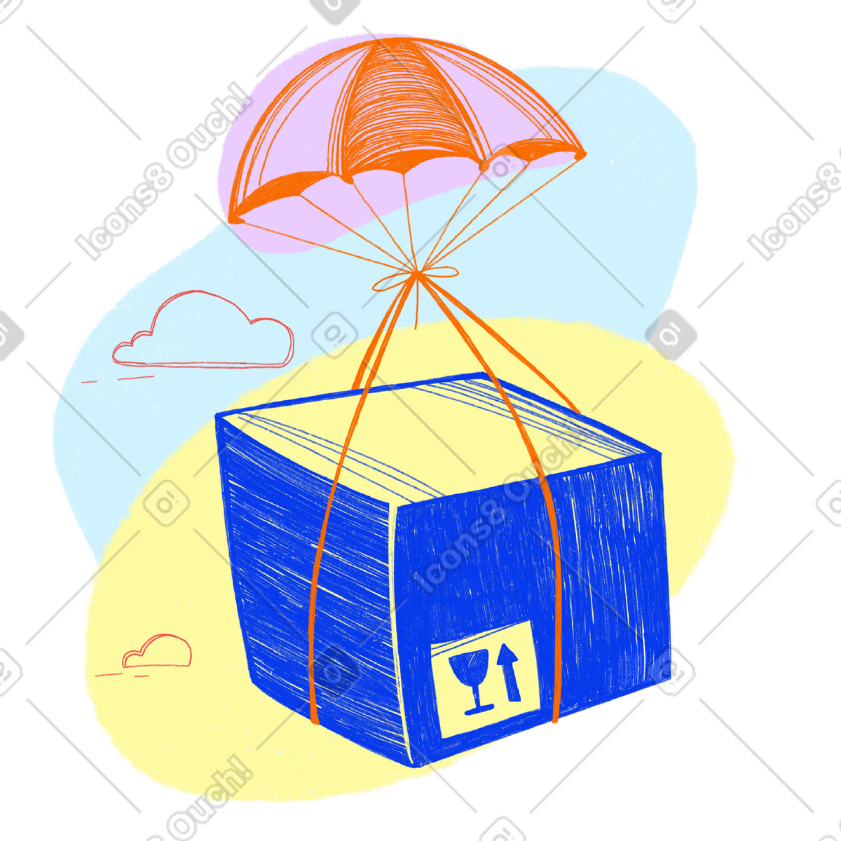 Fallschirm liefert blaue kiste mit zerbrechlichen gegenständen-Illustration im Biro-Stil als Download in PNG, SVG