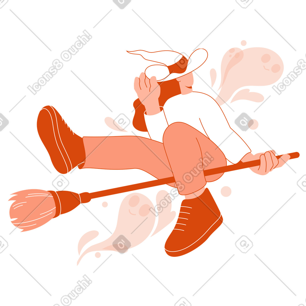Illustration Sorcière moderne volant sur un balai dans le style Orange à télécharger aux formats PNG, SVG