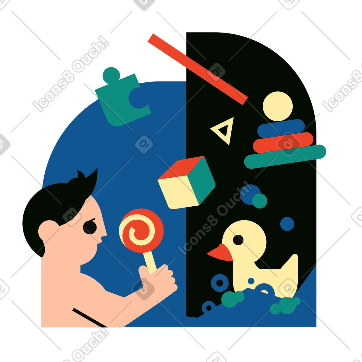 Child holding lollipop with playthings background illustration in Polar style download in PNG, SVG