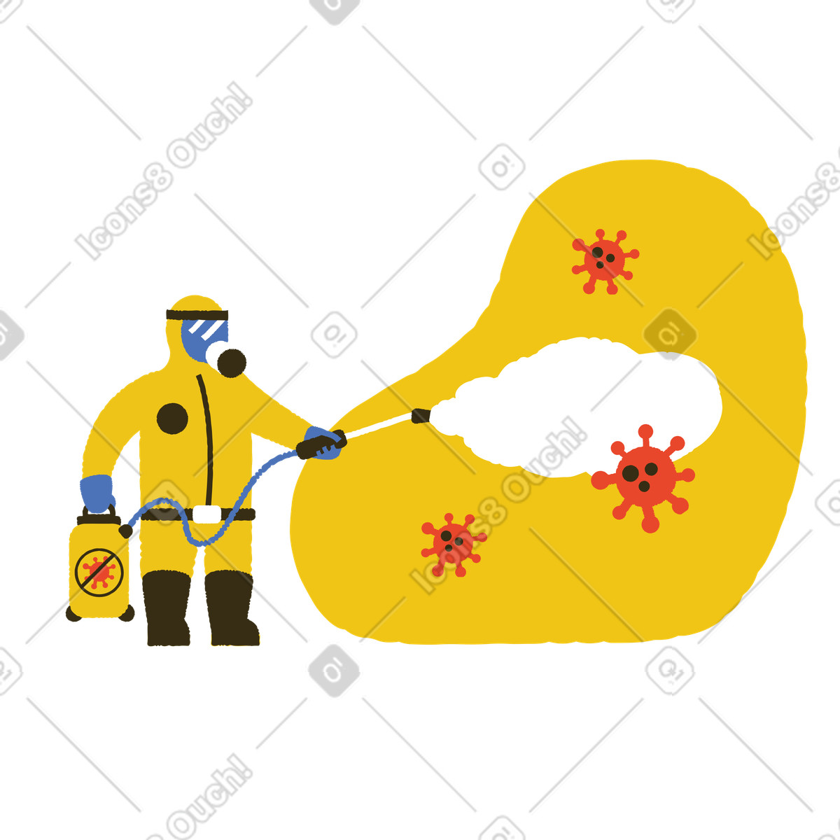 Ilustración Persona con equipo de protección realizando desinfección contra virus. en estilo Bermuda a descargar en PNG y SVG