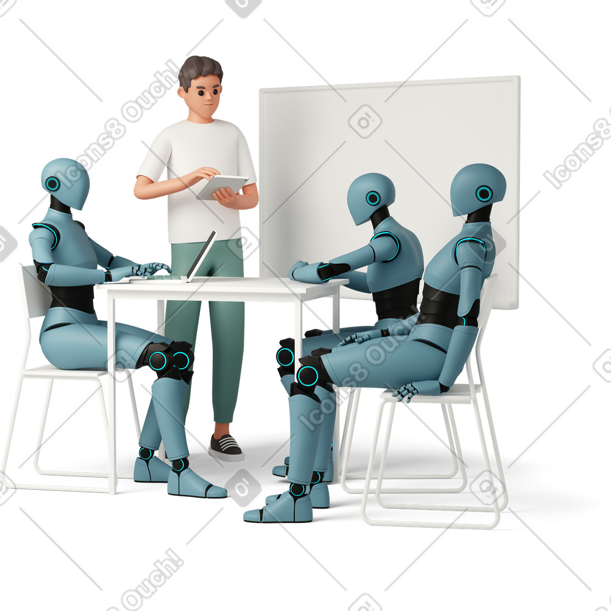 Human interacting with group of AI robots illustration in 3D Casual life style download in PNG, SVG