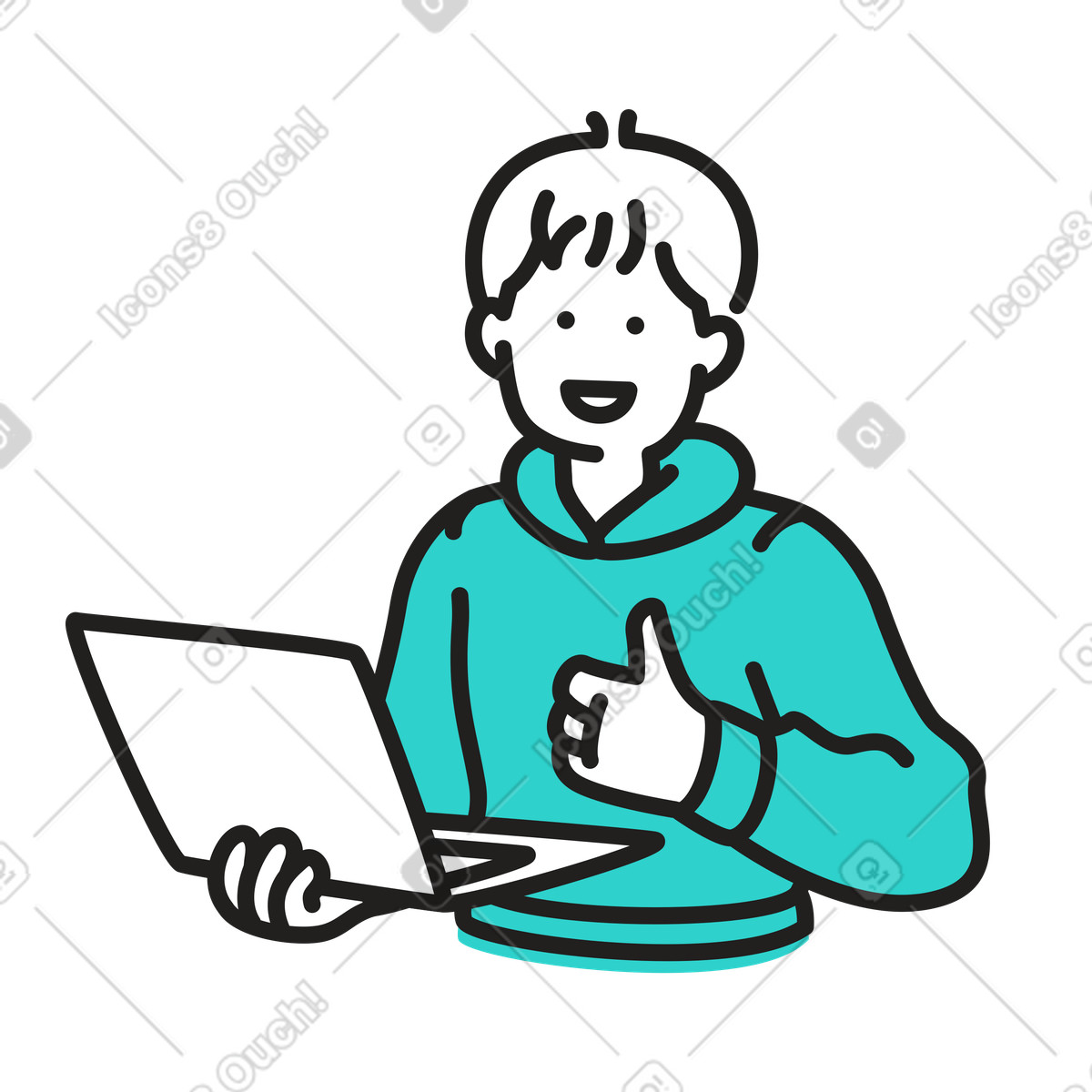 Uomo con il computer portatile che mostra i pollici in su illustrazione stile Little scarica PNG, SVG