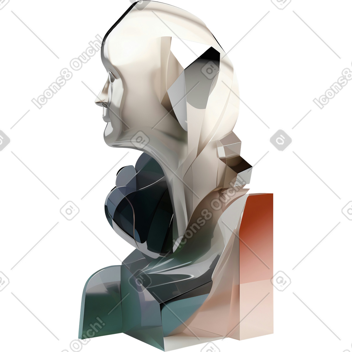 Kopfsilhouette, abstrakte skulptur aus glänzendem metall-Illustration im 3D Construction-Stil als Download in PNG, SVG