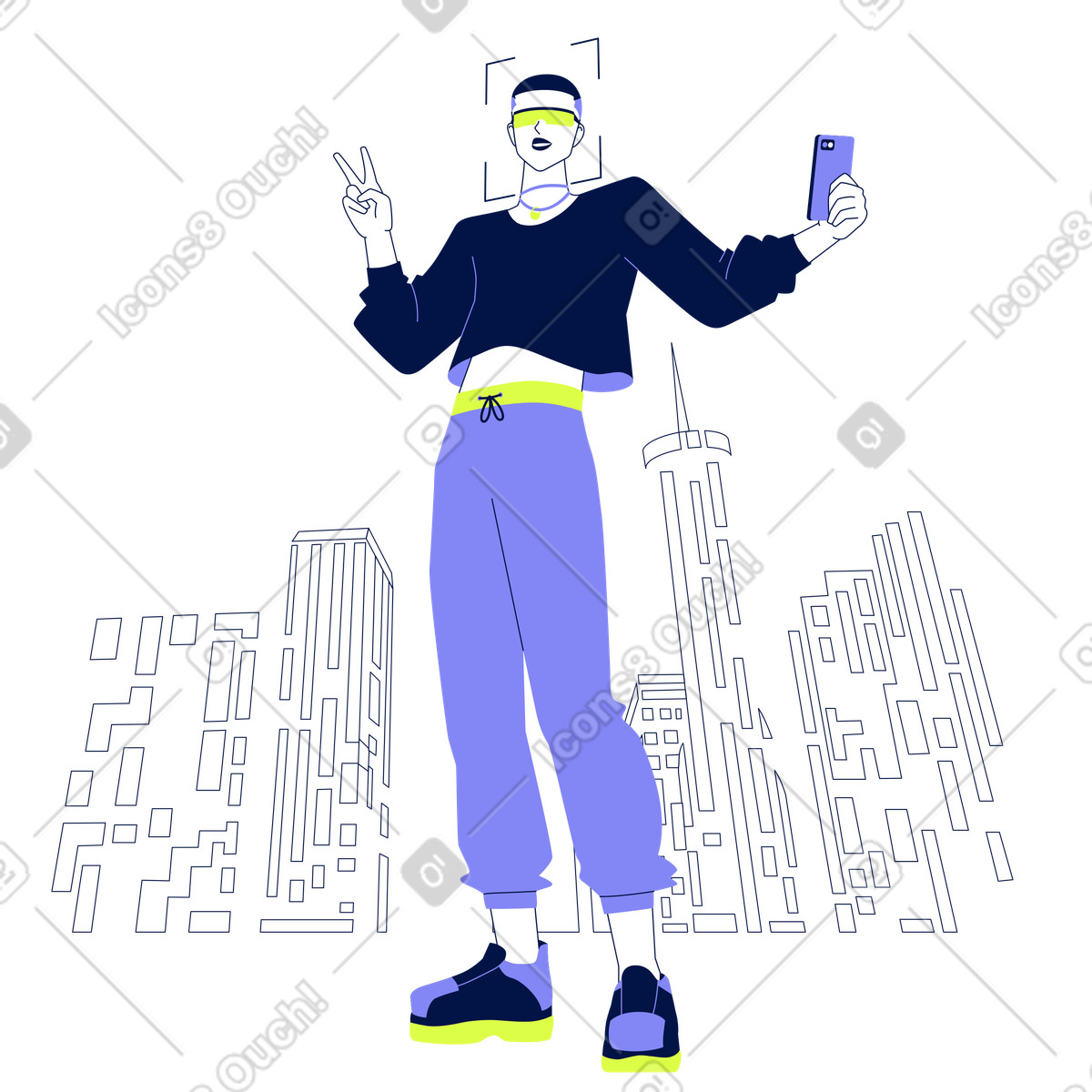 Ilustración Selfie photo in front of skyscrapers, Digital presence and urban youth culture en estilo Glow a descargar en PNG y SVG