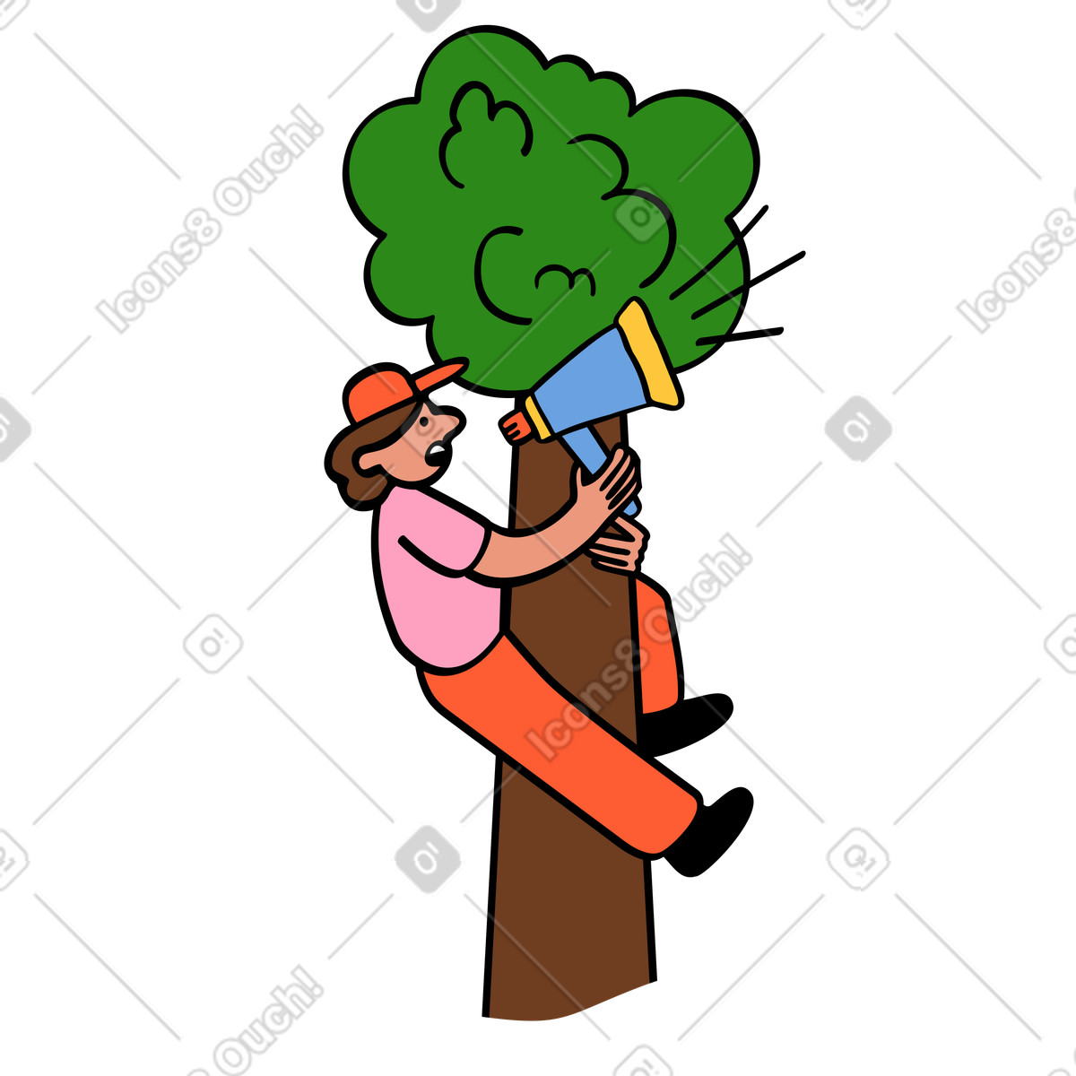Addetto al marketing che si arrampica sull'albero e annuncia nel megafono illustrazione in stile Comic scarica in PNG, SVG