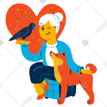 Old lady taking care of a raven and a dog PNG, SVG