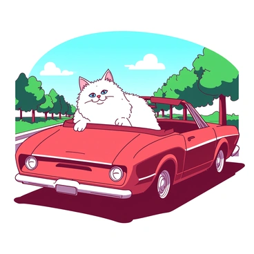 A white ragdoll cat with striking blue eyes is sitting comfortably in the passenger seat of a red convertible. The cat's soft fur ruffles gently in the wind, adding a lively dynamic to the scene. The convertible is parked on a sunny road, with a clear blue sky above. In the background, there are green trees lining the sides of the road, completing the sense of a leisurely road trip. The cat appears relaxed, eyes slightly squinted against the sunlight, enjoying the warm breeze.