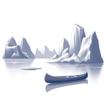 A canoe floats gently on a glacier lake, its surface smooth and reflecting the surrounding landscape. The lake is surrounded by towering icebergs, their shapes jagged and imposing. The icebergs rise dramatically from the water, with intricate details highlighting their texture. In the distance, steep cliffs of ice provide a stark contrast to the calmness of the lake. The overall scene captures the grandeur of the natural environment, with the canoe as a small element within this expansive wilderness.