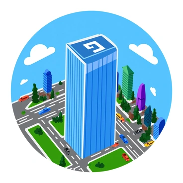 A helicopter pad is situated atop a sleek corporate skyscraper, characterized by its reflective glass facade. The pad is marked with a large white "H" symbol in the center, clearly indicating its purpose. Below, the bustling metropolis features a dense arrangement of other tall buildings, roads filled with cars, and small clusters of greenery peeking through the urban landscape. In the sky, a bright blue with a few fluffy white clouds enhances the vibrant atmosphere. The scene captures the dynamic energy of city life, with people moving about on the streets below.