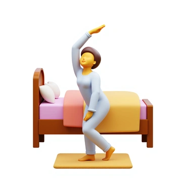 A person in soft, light-colored pajamas performing gentle stretches in a calm bedroom. They are standing barefoot on a plush rug, with a relaxed expression on their face. One arm is lifted above their head, arching gracefully, while the other hand rests on their hip. A cozy bed is in the background, with fluffy pillows and a warm blanket. The room is softly lit, creating a serene atmosphere conducive to relaxation.