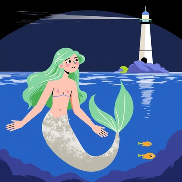 A mermaid with long flowing hair in shades of teal and sea green is positioned underwater, partially emerging from the waves. Her shimmering tail reflects silver and blue hues, blending with the ocean environment. In the background, a tall lighthouse stands on a rocky shore, casting a bright white beam of light that pierces through the night sky. The surface of the water shimmers with the reflection of the lighthouse's beam, creating a contrast against the dark surroundings. Small fish swim around the mermaid, adding life to the underwater scene.