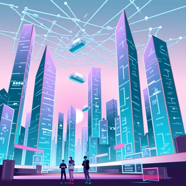 A sprawling futuristic cityscape filled with towering skyscrapers made of reflective glass and metal. The buildings have unique, angular designs with neon accents that pulse with light. Above the city, a complex smart grid network of glowing lines and nodes connects each structure, forming an intricate web of technology. Flying vehicles traverse the air, creating a dynamic sense of movement. The streets below are bustling with people engaged with holographic displays and augmented reality interfaces. In the background, a setting sun casts a warm glow over the scene, enhancing the vibrant colors of the city.