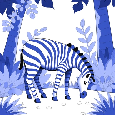 A zebra is grazing on a patch of grass in a tropical jungle. The zebra has distinctive black and white stripes that stand out against the surrounding foliage. Tall, lush greenery surrounds the zebra, with large leaves and dense shrubs creating a vibrant habitat. Sunlight filters through the thick canopy above, casting intricate shadows on the ground. The zebra is positioned slightly to the side, head down as it eats. In the background, there are hints of other jungle plants, enhancing the sense of a rich, tropical environment.