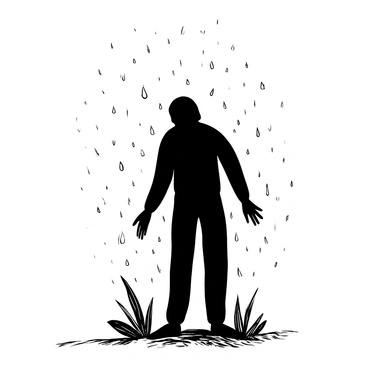 An outline of a figure formed by droplets of rain or swirling dust, creating a spectral silhouette on the ground. The shadow extends in a distorted shape, blending into the surrounding environment. The ground beneath is textured, with variations that enhance the presence of the eerie outline. The atmosphere is charged, suggesting an unseen energy or movement around the figure.